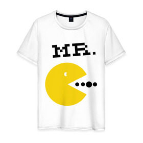 Мужская футболка хлопок с принтом Mистер Pac-Man (парная) в Санкт-Петербурге, 100% хлопок | прямой крой, круглый вырез горловины, длина до линии бедер, слегка спущенное плечо. | 