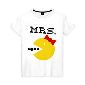 Женская футболка хлопок с принтом Миссис Pac-man (парная) в Санкт-Петербурге, 100% хлопок | прямой крой, круглый вырез горловины, длина до линии бедер, слегка спущенное плечо | 14 февраля | : парные | для двоих | миссис pac man