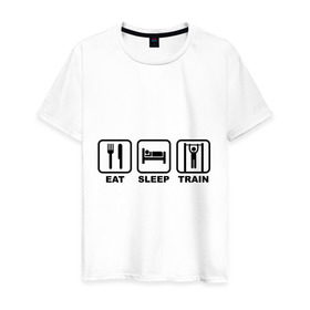 Мужская футболка хлопок с принтом Еда сон тренировки (Eat, Sleep, Train) в Санкт-Петербурге, 100% хлопок | прямой крой, круглый вырез горловины, длина до линии бедер, слегка спущенное плечо. | eat | sleep | train | еда | сон | спорт | тренировки