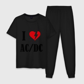 Мужская пижама хлопок с принтом I Love AC DC в Санкт-Петербурге, 100% хлопок | брюки и футболка прямого кроя, без карманов, на брюках мягкая резинка на поясе и по низу штанин
 | ac dc | i love ac dc | музыка | музыка для сердца | рок | сердце