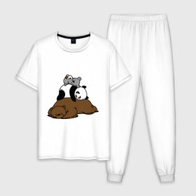 Мужская пижама хлопок с принтом comfort bed - комфортный медведь в Санкт-Петербурге, 100% хлопок | брюки и футболка прямого кроя, без карманов, на брюках мягкая резинка на поясе и по низу штанин
 | панда