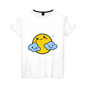 Женская футболка хлопок с принтом Солнышко с облаками в Санкт-Петербурге, 100% хлопок | прямой крой, круглый вырез горловины, длина до линии бедер, слегка спущенное плечо | позитив и смайлы | прикольные картинки | солнышко с облаками