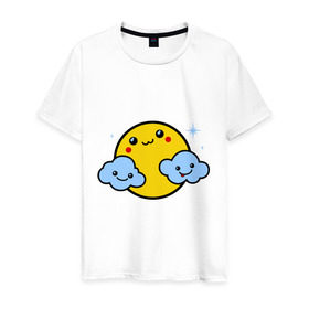 Мужская футболка хлопок с принтом Солнышко с облаками в Санкт-Петербурге, 100% хлопок | прямой крой, круглый вырез горловины, длина до линии бедер, слегка спущенное плечо. | позитив и смайлы | прикольные картинки | солнышко с облаками