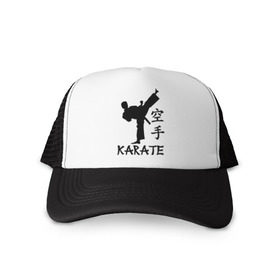 Кепка тракер с сеткой с принтом Karate (Карате) в Санкт-Петербурге, трикотажное полотно; задняя часть — сетка | длинный козырек, универсальный размер, пластиковая застежка | karate | единоборства | карате | спорт