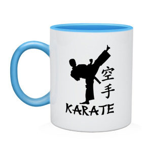 Кружка двухцветная с принтом Karate (Карате) в Санкт-Петербурге, керамика | объем — 330 мл, диаметр — 80 мм. Цветная ручка и кайма сверху, в некоторых цветах — вся внутренняя часть | karate | единоборства | карате | спорт