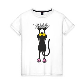 Женская футболка хлопок с принтом Висящий кот в Санкт-Петербурге, 100% хлопок | прямой крой, круглый вырез горловины, длина до линии бедер, слегка спущенное плечо | висящий кот | когти | котик | котяра | кошки | милый кот | повис | черный кот