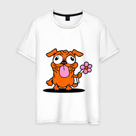 Мужская футболка хлопок с принтом собачка с цветочком в Санкт-Петербурге, 100% хлопок | прямой крой, круглый вырез горловины, длина до линии бедер, слегка спущенное плечо. | Тематика изображения на принте: животное | любовь | милый песик | песик | собачка с цветочком | цветок