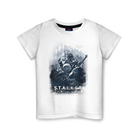 Детская футболка хлопок с принтом STALKER в Санкт-Петербурге, 100% хлопок | круглый вырез горловины, полуприлегающий силуэт, длина до линии бедер | shooter | stalker | постапокалиптические | припять | радиация | сталкер | чернобыль | шутер