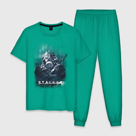 Мужская пижама хлопок с принтом STALKER в Санкт-Петербурге, 100% хлопок | брюки и футболка прямого кроя, без карманов, на брюках мягкая резинка на поясе и по низу штанин
 | shooter | stalker | постапокалиптические | припять | радиация | сталкер | чернобыль | шутер