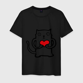 Мужская футболка хлопок с принтом Влюбенный котик в Санкт-Петербурге, 100% хлопок | прямой крой, круглый вырез горловины, длина до линии бедер, слегка спущенное плечо. | Тематика изображения на принте: 14 febrary | 14 февраля | cat | heart | love | saint valentines day | влюбленные | влюбленным | день святого валентина | кот | любовь | пара | подарок влюбленным | сердце