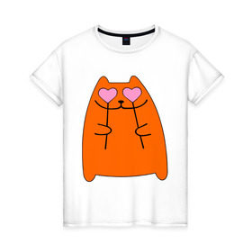 Женская футболка хлопок с принтом кот с сердечками парная женская в Санкт-Петербурге, 100% хлопок | прямой крой, круглый вырез горловины, длина до линии бедер, слегка спущенное плечо | 14 февраля | для двоих | киска | кот с сердечками парная женская | парные
