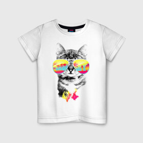 Детская футболка хлопок с принтом Солнечный кот в Санкт-Петербурге, 100% хлопок | круглый вырез горловины, полуприлегающий силуэт, длина до линии бедер | киска | кот | лето | отпуск | очки | пляж | солнечный кот | турист