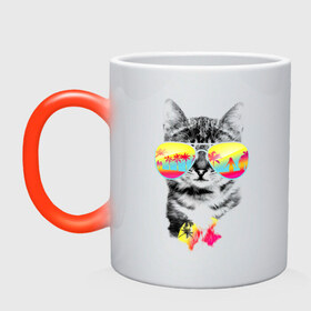 Кружка хамелеон с принтом Солнечный кот в Санкт-Петербурге, керамика | меняет цвет при нагревании, емкость 330 мл | киска | кот | лето | отпуск | очки | пляж | солнечный кот | турист