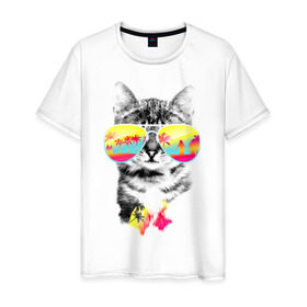 Мужская футболка хлопок с принтом Солнечный кот в Санкт-Петербурге, 100% хлопок | прямой крой, круглый вырез горловины, длина до линии бедер, слегка спущенное плечо. | киска | кот | лето | отпуск | очки | пляж | солнечный кот | турист