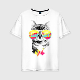 Женская футболка хлопок Oversize с принтом Солнечный кот в Санкт-Петербурге, 100% хлопок | свободный крой, круглый ворот, спущенный рукав, длина до линии бедер
 | киска | кот | лето | отпуск | очки | пляж | солнечный кот | турист