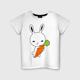 Детская футболка хлопок с принтом Зайчик с морковкой в Санкт-Петербурге, 100% хлопок | круглый вырез горловины, полуприлегающий силуэт, длина до линии бедер | Тематика изображения на принте: животные | зайка | зайчик | зайчик с морковкой | морковка