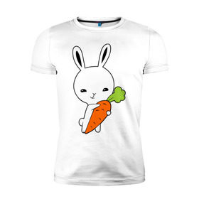 Мужская футболка премиум с принтом Зайчик с морковкой в Санкт-Петербурге, 92% хлопок, 8% лайкра | приталенный силуэт, круглый вырез ворота, длина до линии бедра, короткий рукав | Тематика изображения на принте: животные | зайка | зайчик | зайчик с морковкой | морковка