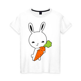 Женская футболка хлопок с принтом Зайчик с морковкой в Санкт-Петербурге, 100% хлопок | прямой крой, круглый вырез горловины, длина до линии бедер, слегка спущенное плечо | животные | зайка | зайчик | зайчик с морковкой | морковка