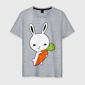 Мужская футболка хлопок с принтом Зайчик с морковкой в Санкт-Петербурге, 100% хлопок | прямой крой, круглый вырез горловины, длина до линии бедер, слегка спущенное плечо. | Тематика изображения на принте: животные | зайка | зайчик | зайчик с морковкой | морковка
