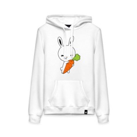 Женская толстовка хлопок с принтом Зайчик с морковкой в Санкт-Петербурге, френч-терри, мягкий теплый начес внутри (100% хлопок) | карман-кенгуру, эластичные манжеты и нижняя кромка, капюшон с подкладом и шнурком | Тематика изображения на принте: животные | зайка | зайчик | зайчик с морковкой | морковка
