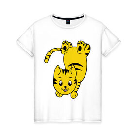Женская футболка хлопок с принтом Веселый котенок в Санкт-Петербурге, 100% хлопок | прямой крой, круглый вырез горловины, длина до линии бедер, слегка спущенное плечо | 