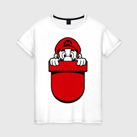 Женская футболка хлопок с принтом Марио в кармане в Санкт-Петербурге, 100% хлопок | прямой крой, круглый вырез горловины, длина до линии бедер, слегка спущенное плечо | nintendo | марио | нинтендо