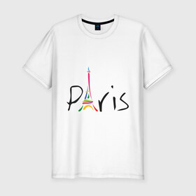 Мужская футболка премиум с принтом Красочный Париж в Санкт-Петербурге, 92% хлопок, 8% лайкра | приталенный силуэт, круглый вырез ворота, длина до линии бедра, короткий рукав | Тематика изображения на принте: башня | красочный париж | париж | туристические | франция | эльфивая башня