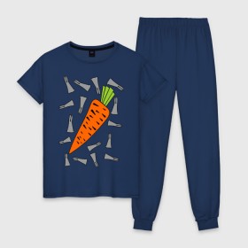 Женская пижама хлопок с принтом морковка и кролик парная в Санкт-Петербурге, 100% хлопок | брюки и футболка прямого кроя, без карманов, на брюках мягкая резинка на поясе и по низу штанин | Тематика изображения на принте: 14 февраля | все | день святого валентина | для двоих | идеи подарков | морковка и кролик | парные