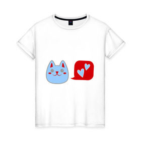 Женская футболка хлопок с принтом Любящий котейка в Санкт-Петербурге, 100% хлопок | прямой крой, круглый вырез горловины, длина до линии бедер, слегка спущенное плечо | кошки | любовь | любящий котейка | мурка | сердечки