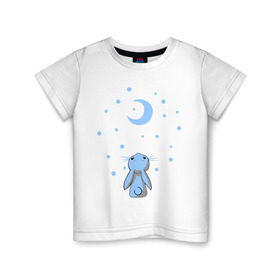Детская футболка хлопок с принтом Зайчик в Санкт-Петербурге, 100% хлопок | круглый вырез горловины, полуприлегающий силуэт, длина до линии бедер | белый зайка | животные | зайка | зайчик | зима | месяц | милый | снежок