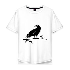 Мужская футболка хлопок Oversize с принтом Ворон на ветке в Санкт-Петербурге, 100% хлопок | свободный крой, круглый ворот, “спинка” длиннее передней части | Тематика изображения на принте: ворон на ветке | птица | птица на ветке | черный ворон