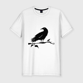 Мужская футболка премиум с принтом Ворон на ветке в Санкт-Петербурге, 92% хлопок, 8% лайкра | приталенный силуэт, круглый вырез ворота, длина до линии бедра, короткий рукав | Тематика изображения на принте: ворон на ветке | птица | птица на ветке | черный ворон