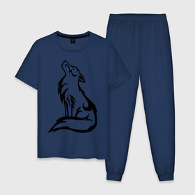 Мужская пижама хлопок с принтом Волк в Санкт-Петербурге, 100% хлопок | брюки и футболка прямого кроя, без карманов, на брюках мягкая резинка на поясе и по низу штанин
 | вой | волк | волчок | животные | прикольные картинки | серый
