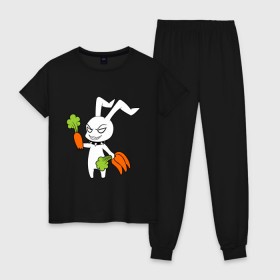Женская пижама хлопок с принтом Злой зайчик в Санкт-Петербурге, 100% хлопок | брюки и футболка прямого кроя, без карманов, на брюках мягкая резинка на поясе и по низу штанин | животные | зайка | злой зайчик | кролик | морковка | прикольные картинки