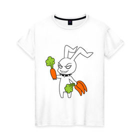 Женская футболка хлопок с принтом Злой зайчик в Санкт-Петербурге, 100% хлопок | прямой крой, круглый вырез горловины, длина до линии бедер, слегка спущенное плечо | животные | зайка | злой зайчик | кролик | морковка | прикольные картинки