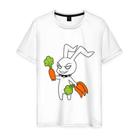 Мужская футболка хлопок с принтом Злой зайчик в Санкт-Петербурге, 100% хлопок | прямой крой, круглый вырез горловины, длина до линии бедер, слегка спущенное плечо. | Тематика изображения на принте: животные | зайка | злой зайчик | кролик | морковка | прикольные картинки