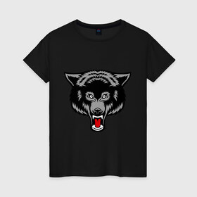 Женская футболка хлопок с принтом Безжалостный волк в Санкт-Петербурге, 100% хлопок | прямой крой, круглый вырез горловины, длина до линии бедер, слегка спущенное плечо | безжалостный волк | вол | животные | зубы | прикольные картинки | серый