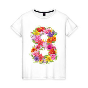 Женская футболка хлопок с принтом 8 марта из цветов в Санкт-Петербурге, 100% хлопок | прямой крой, круглый вырез горловины, длина до линии бедер, слегка спущенное плечо | 8 марта | 8 марта из цветов | идеи подарков | любимая | мама | подарок | цветы