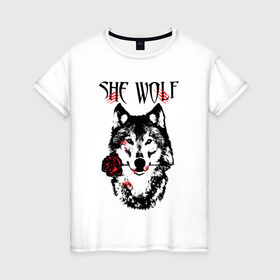 Женская футболка хлопок с принтом Модный дизайн - Настоящая Волчица в Санкт-Петербурге, 100% хлопок | прямой крой, круглый вырез горловины, длина до линии бедер, слегка спущенное плечо | волк | волки | модный дизайн | настоящая волчица | прикольные картинки | роза | серый | цветы
