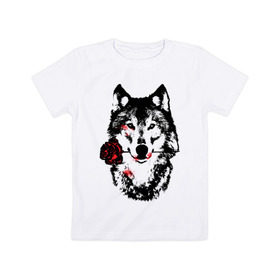 Детская футболка хлопок с принтом Модный дизайн - Волк и Роза в Санкт-Петербурге, 100% хлопок | круглый вырез горловины, полуприлегающий силуэт, длина до линии бедер | волки | модный дизайн   волк и роза | прикольные картинки | роза | цветы
