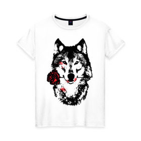 Женская футболка хлопок с принтом Модный дизайн - Волк и Роза в Санкт-Петербурге, 100% хлопок | прямой крой, круглый вырез горловины, длина до линии бедер, слегка спущенное плечо | волки | модный дизайн   волк и роза | прикольные картинки | роза | цветы