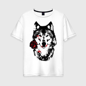 Женская футболка хлопок Oversize с принтом Модный дизайн - Волк и Роза в Санкт-Петербурге, 100% хлопок | свободный крой, круглый ворот, спущенный рукав, длина до линии бедер
 | волки | модный дизайн   волк и роза | прикольные картинки | роза | цветы