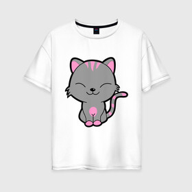 Женская футболка хлопок Oversize с принтом Довольный кот в Санкт-Петербурге, 100% хлопок | свободный крой, круглый ворот, спущенный рукав, длина до линии бедер
 | довольный кот | киска | кот | котёнок | котик | коты и кошки | коты мемы | кошки | мурка | серый кот