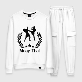 Женский костюм хлопок с принтом Muay Thai (Тайский бокс) в Санкт-Петербурге, 100% хлопок | на свитшоте круглая горловина, мягкая резинка по низу. Брюки заужены к низу, на них два вида карманов: два 