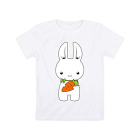 Детская футболка хлопок с принтом Зайчик с морковкой в Санкт-Петербурге, 100% хлопок | круглый вырез горловины, полуприлегающий силуэт, длина до линии бедер | Тематика изображения на принте: белый кролик | животные | зайчик | зайчик с морковкой | морковь
