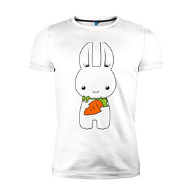 Мужская футболка премиум с принтом Зайчик с морковкой в Санкт-Петербурге, 92% хлопок, 8% лайкра | приталенный силуэт, круглый вырез ворота, длина до линии бедра, короткий рукав | белый кролик | животные | зайчик | зайчик с морковкой | морковь