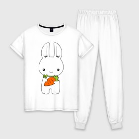 Женская пижама хлопок с принтом Зайчик с морковкой в Санкт-Петербурге, 100% хлопок | брюки и футболка прямого кроя, без карманов, на брюках мягкая резинка на поясе и по низу штанин | белый кролик | животные | зайчик | зайчик с морковкой | морковь