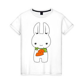 Женская футболка хлопок с принтом Зайчик с морковкой в Санкт-Петербурге, 100% хлопок | прямой крой, круглый вырез горловины, длина до линии бедер, слегка спущенное плечо | белый кролик | животные | зайчик | зайчик с морковкой | морковь