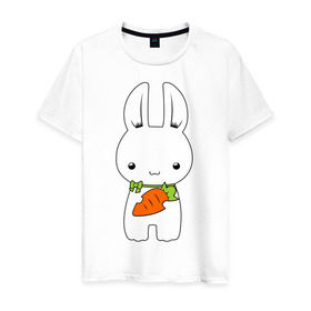 Мужская футболка хлопок с принтом Зайчик с морковкой в Санкт-Петербурге, 100% хлопок | прямой крой, круглый вырез горловины, длина до линии бедер, слегка спущенное плечо. | белый кролик | животные | зайчик | зайчик с морковкой | морковь