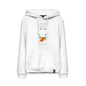 Мужская толстовка хлопок с принтом Зайчик с морковкой в Санкт-Петербурге, френч-терри, мягкий теплый начес внутри (100% хлопок) | карман-кенгуру, эластичные манжеты и нижняя кромка, капюшон с подкладом и шнурком | Тематика изображения на принте: белый кролик | животные | зайчик | зайчик с морковкой | морковь